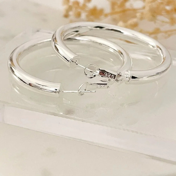 925 Sterling Silver Chunky Hoop Earrings Large Silver Hoops Silver Hoops - Picture 4 of 5